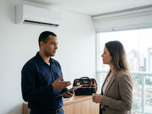 Especialista técnico da CUPECÊ orientando cliente com atenção e transparência técnica em ambiente climatizado