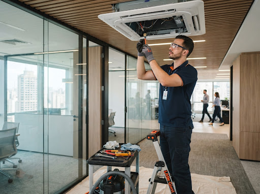 Técnico realizando higienização organizada de sistema de climatização em ambiente empresarial.