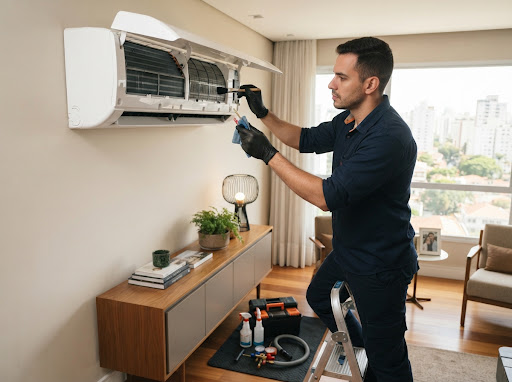 Técnico realizando higienização de unidade interna de ar-condicionado em ambiente residencial ou comercial.
