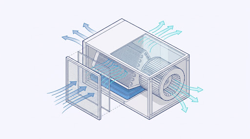 Diagrama técnico isométrico dos componentes internos e fluxo de ar de uma unidade de ar-condicionado.