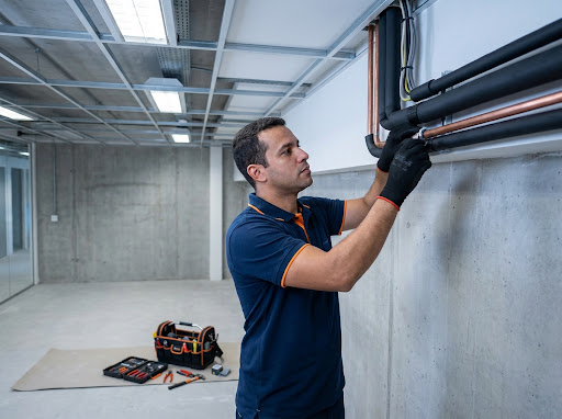 Técnico preparando infraestrutura para instalação de ar-condicionado.