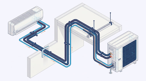 Diagrama isométrico de infraestrutura técnica de climatização.