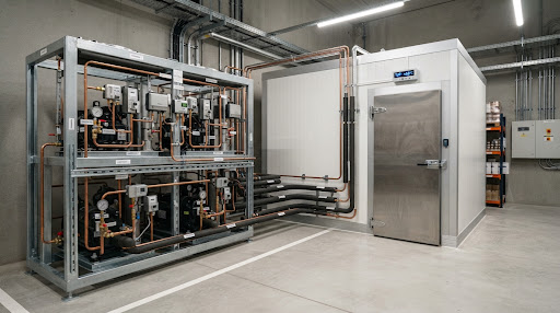 Ambiente de refrigeração comercial com equipamentos técnicos organizados