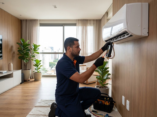 Técnico da CUPECÊ realizando manutenção e instalação cuidadosa de ar-condicionado em ambiente residencial