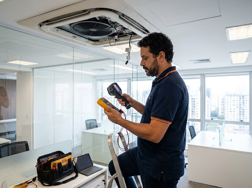 Especialista técnico da CUPECÊ executando inspeção criteriosa em sistema de ar-condicionado em ambiente corporativo