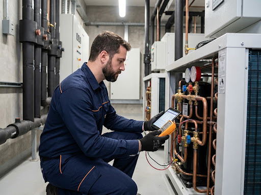 Técnico realizando avaliação em sistema de refrigeração comercial.