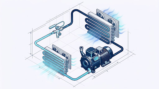 Diagrama esquemático isométrico do ciclo de refrigeração comercial.
