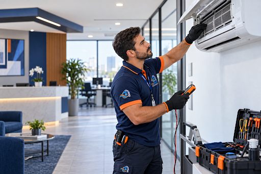 Técnico Cupecê Ar Condicionado realizando manutenção preventiva especializada em escritório corporativo
