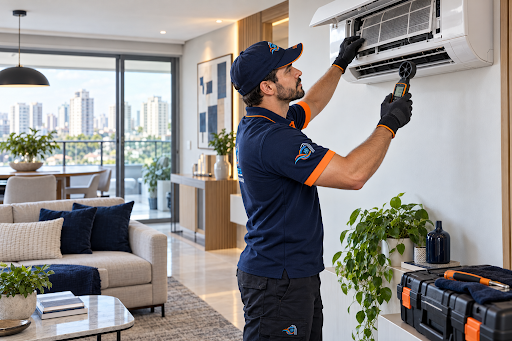 Técnico Cupecê uniformizado realizando inspeção técnica precisa com anemômetro digital no ar-condicionado em residência de alto padrão
