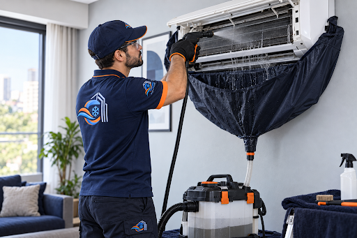 Técnico Cupecê realizando higienização com bolsa coletora e lavadora pressurizada