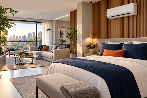 Climatização residencial de alto padrão em quarto sofisticado pela Cupecê