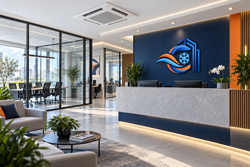 Recepção comercial moderna com ar-condicionado cassete e logotipo Cupecê
