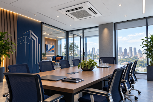 Sala de reunião corporativa sofisticada com ar-condicionado cassete no teto e vista urbana