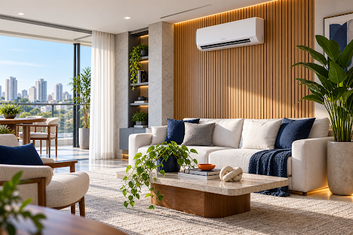Sala de estar residencial moderna de alto padrão com ar-condicionado split instalado na parede de ripado de madeira
