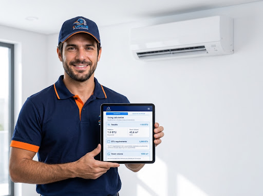 Técnico especialista da Cupecê apresentando dimensionamento técnico em tablet