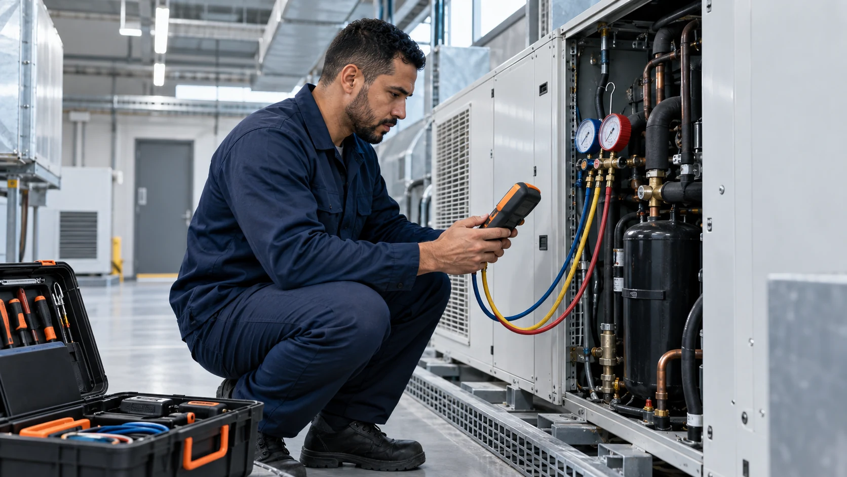 Técnico realizando avaliação de sistema de climatização em ambiente comercial.