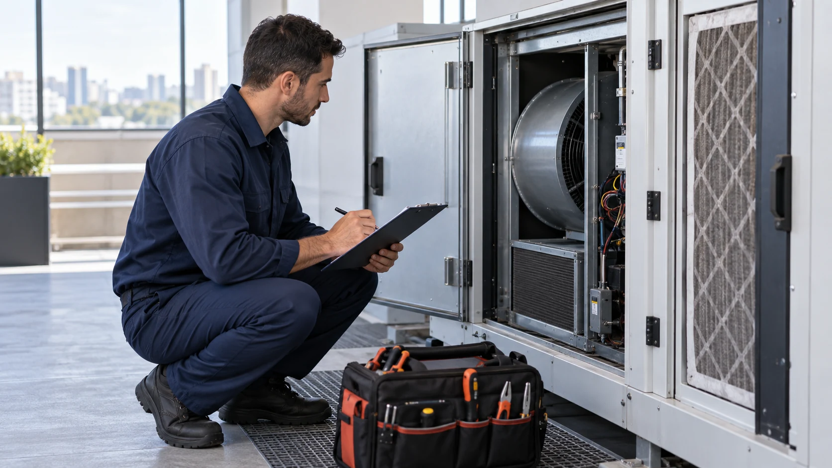 Técnico realizando avaliação de sistema de climatização em ambiente comercial.